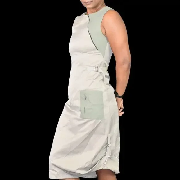 Cargo Utility Midi Dress Tan Khaki Stretch Zippers Parachute Sack Utilitarian XS - Picture 8 of 16